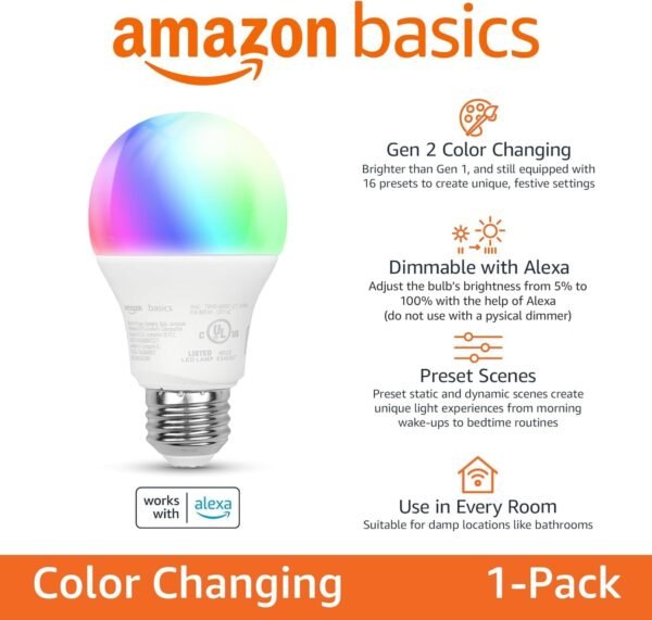 Amazon Basics Smart A19 LED Light Bulb, Color…